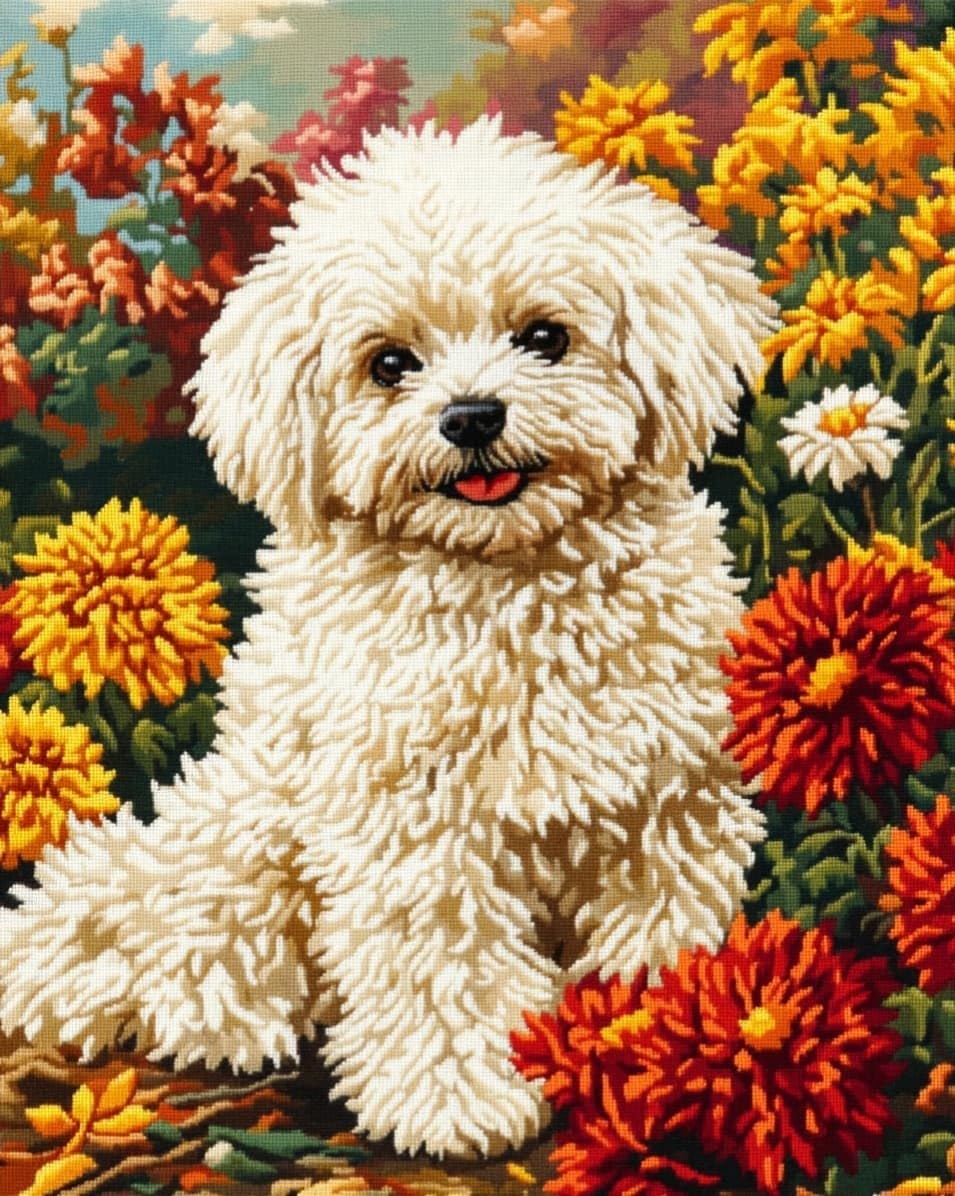 WallustrioaW DIY Cross Stitch Kits for Adults,Bichon Frise and Chrysanthemum,11CT Printed Cross Stitch,Stamped Embroidery Kits for Adults Wall Art Home Decoration,40x50cm