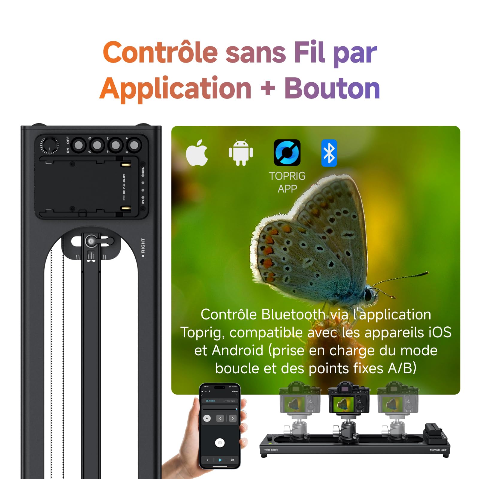 Toprig 23.6"/60cm Slider Motorisé pour Appareil Photo – Rail de Caméra avec Moteur sans Balais, Contrôle Bluetooth, Time-Lapse, Points A/B, Charge 4kg, Silencieux – pour Vidéo Professionnelle, Cinéma