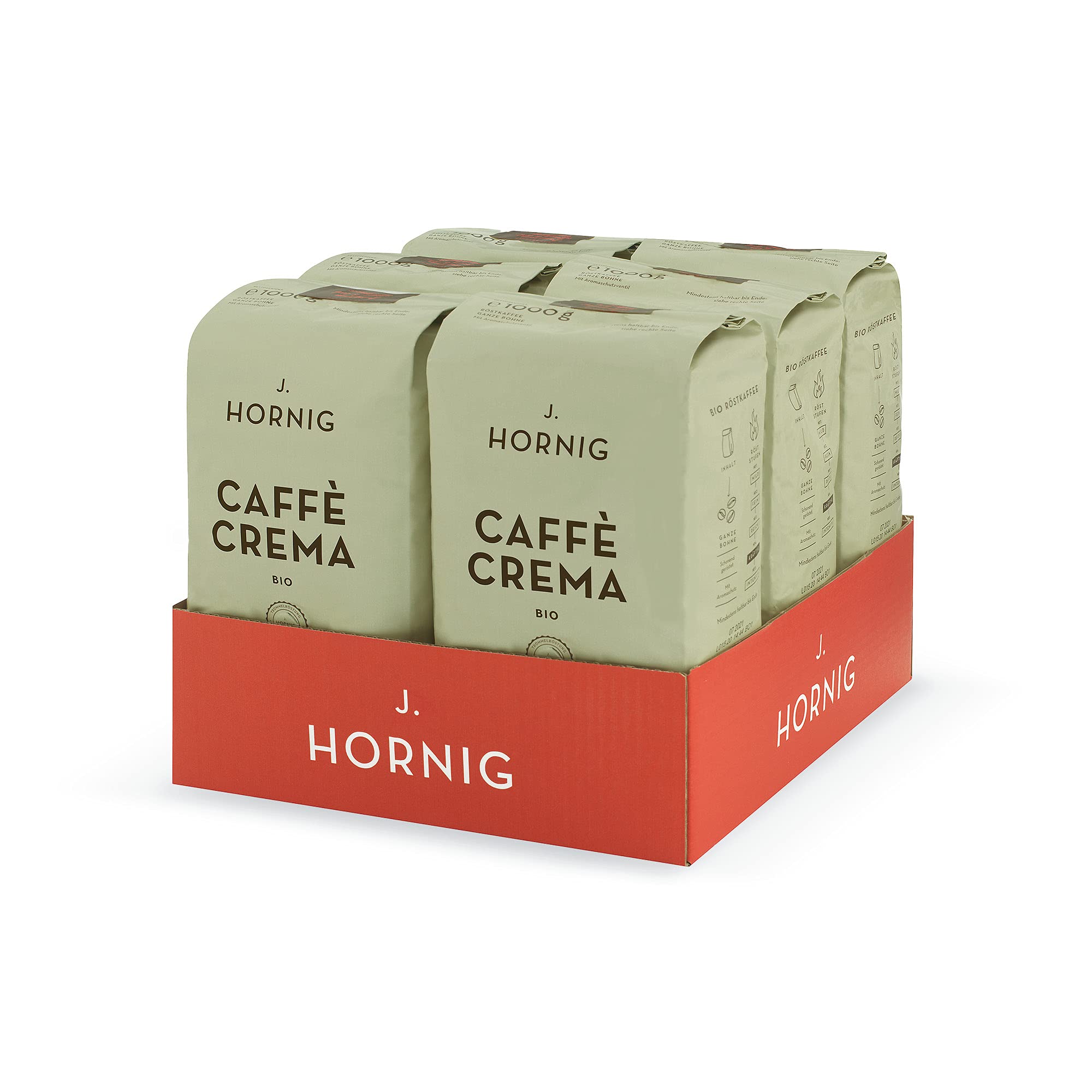 J. Hornig Kaffeebohnen Bio & Fairtrade, Caffè Crema Bio, 6x1kg Vorratspackung, Arabica & Robusta, säurearmer Kaffee mit Noten von Kakao & dunkler Schokolade, Stärke 4/5