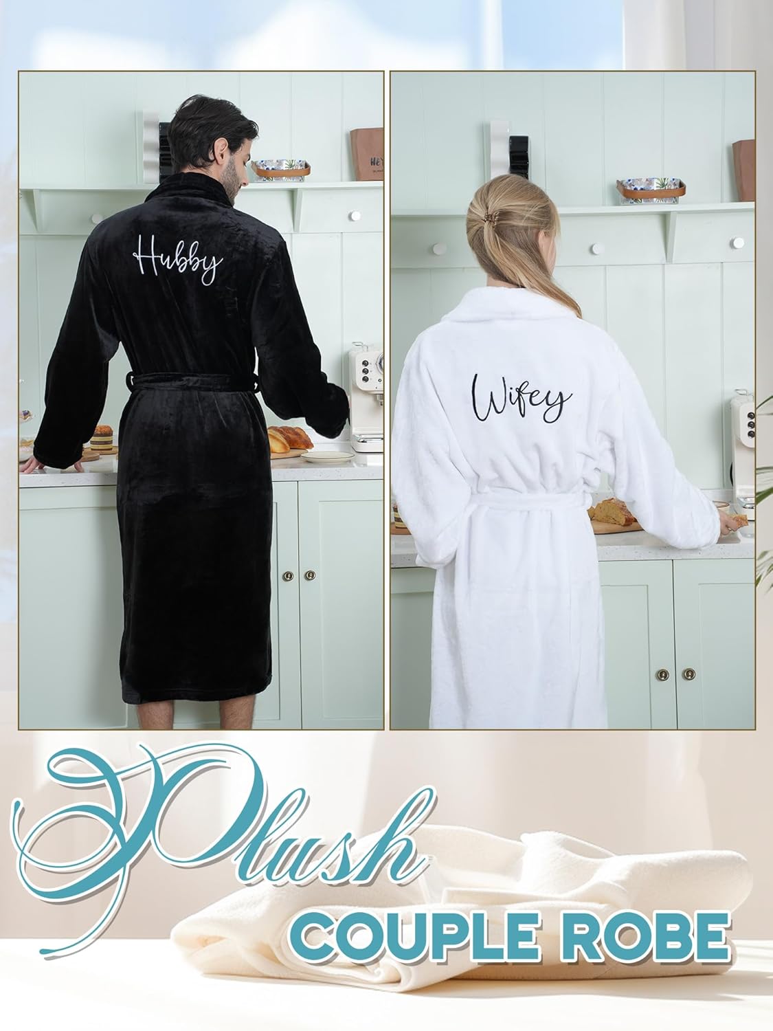 Jecery 2 Pack Valentines His and Hers Robes Gifts Hubby Wifey Flannel Embroidered Matching Robes Pajamas Anniversary Wedding