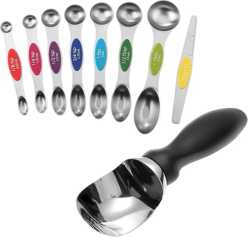 Spring Chef Juego de cucharas medidoras magnéticas de doble cara, cuchara de helado multicolor y premium, color negro, paquete de 2 productos