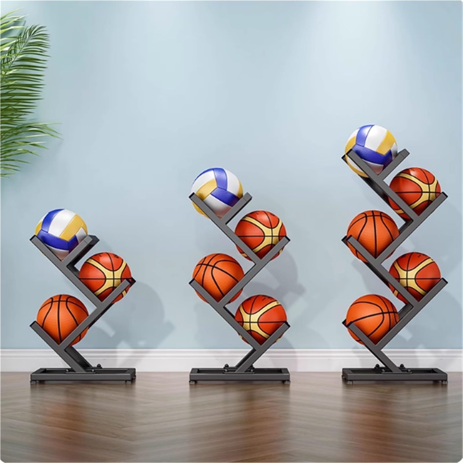 Basketballständer, 4 Bälle, Metallkugelhalter für Garage und Zuhause, platzsparender Organizer für Kinderzimmer, Keller