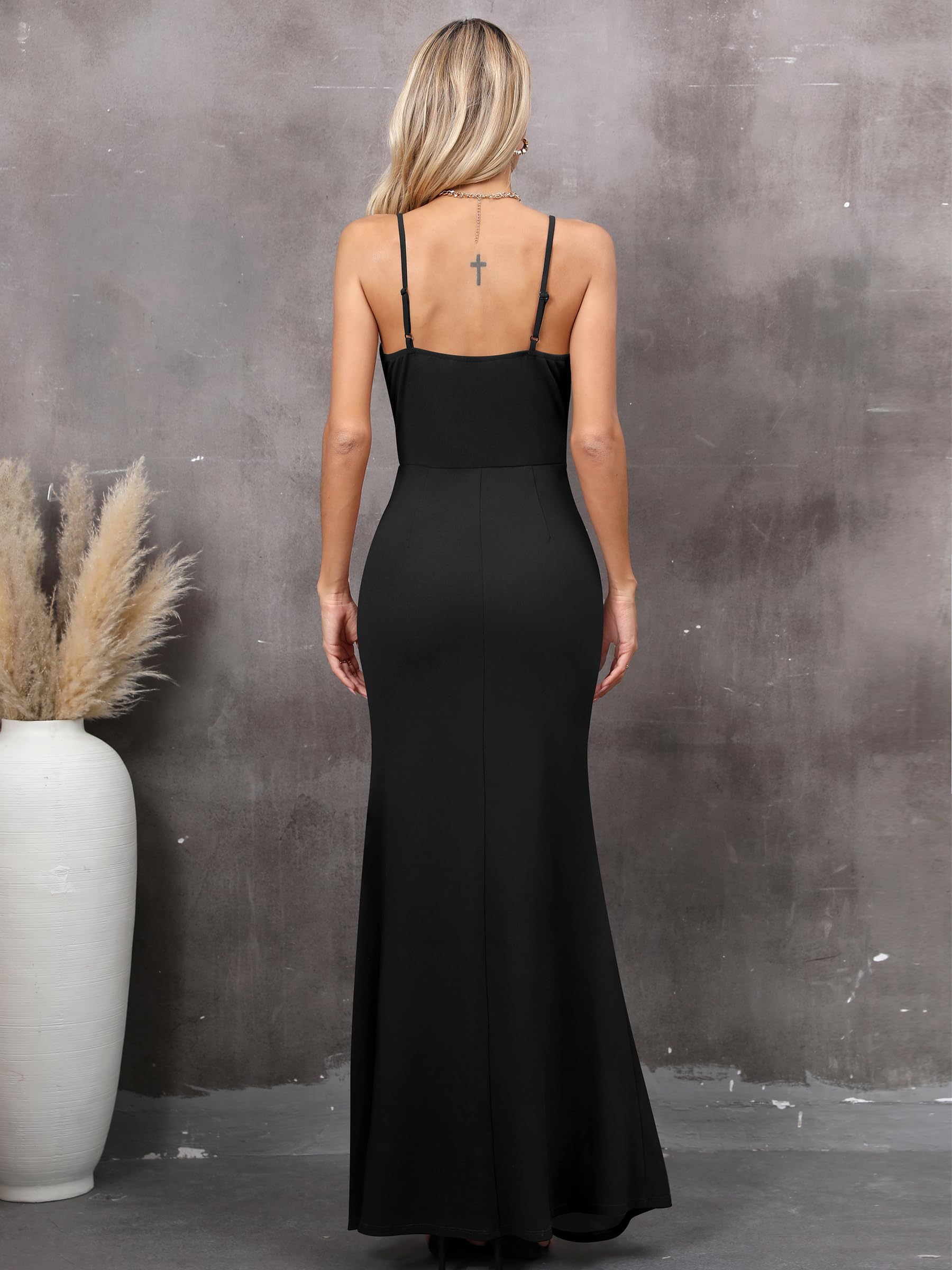 Missufe Abendkleider Partykleid Spaghettiträger Ärmellos Wickelkleid Damen Schlitz Cocktail Maxi Lang Hochzeit Ballkleid (Schwarz – Bild 5