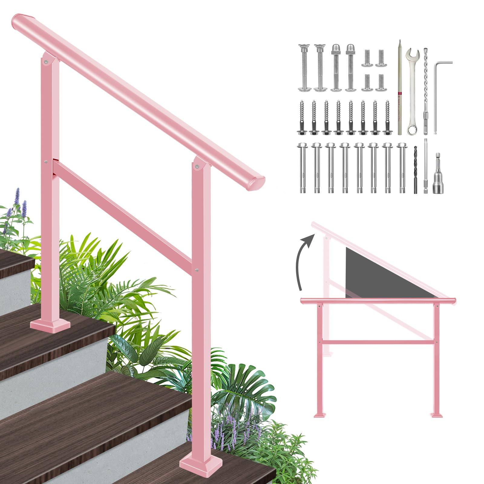 Adjustable Handrails for Outdoor Steps – Pink Metal Stair Railing with Flexible Angle Design, Deck Railing Fits 1 to 3 Steps or Horizontal Use, Unique