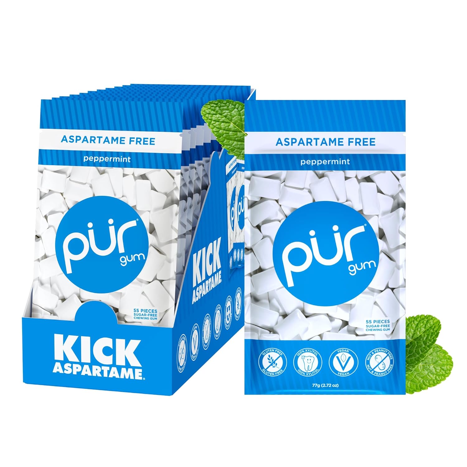 PUR Gum | Aspartame Free Chewing Gum | 100% Xylitol | Natural Peppermint Flavored Gum, 55 Pieces (Pack of 12) Peppermint 55 Count (Pack of 12)