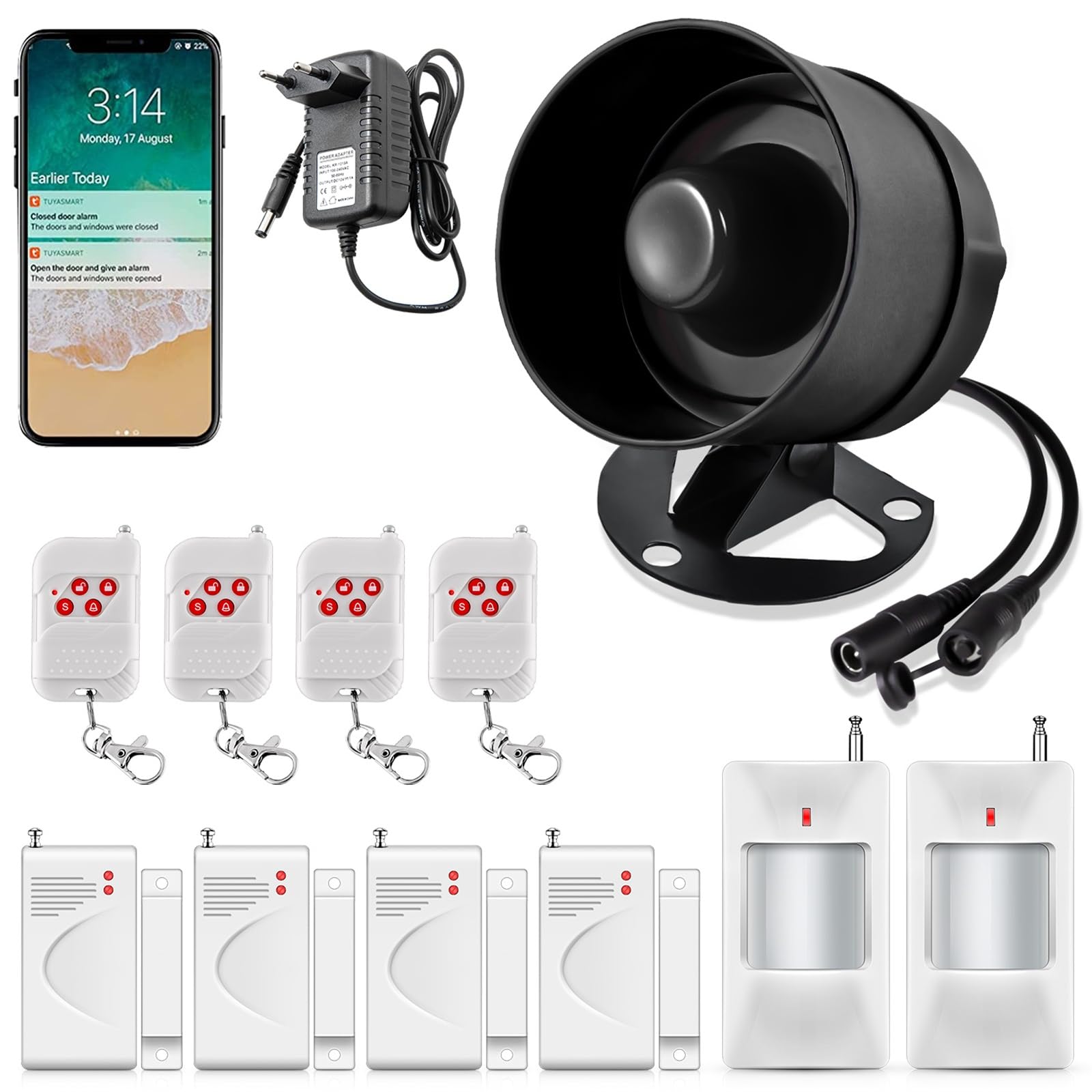 Alarma Puerta con Sirena, Alarmas para Casa WiFi sin Cuotas 115dB Sirena Alarma con Sensor de Movimiento, Sensor Puerta, Control Remoto Sistema de Seguridad para el Hogar Compatible con Alexa