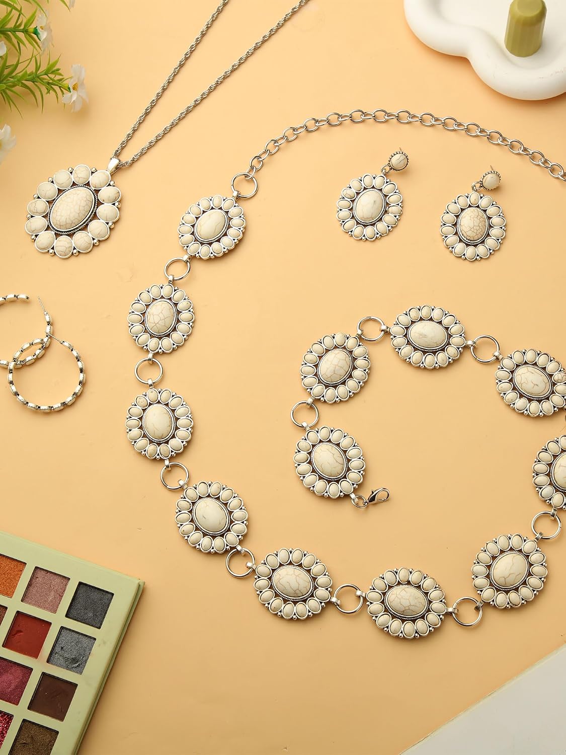 Landical 4 Pcs White Turquoise Concho Chain Belt Set Metal Western Waist Belts Turquoise Necklace Earrings Jewlery for Women