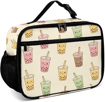 Bubble Milk Tea Reusable Lunch Box Insulated Lunch Bag Cooler Bag Lunchbox Meal Food Container Tote Bag for Women Kids Girls Boy School Camping Hiking Picnic Beach Travel