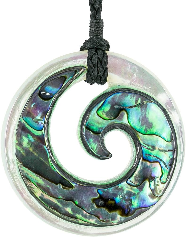 Earthbound Kiwi Mother of Pearl (Nacre) and New Zealand Paua Spiral Koru Necklace
