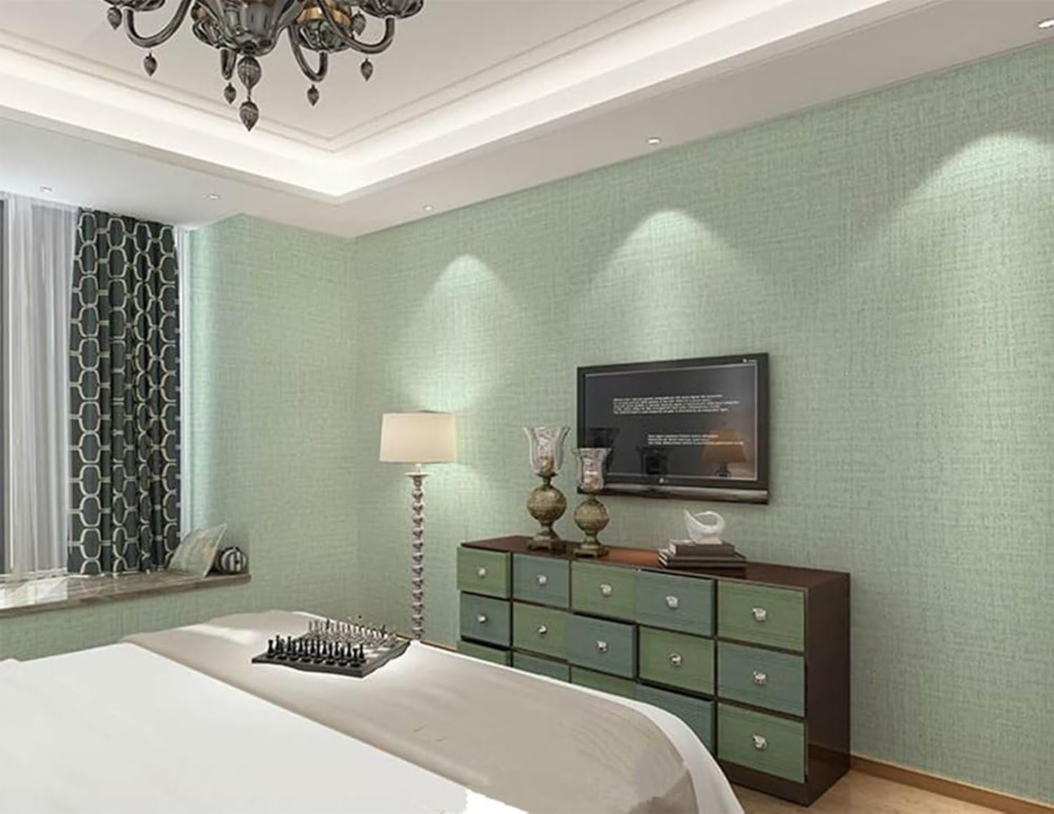 Self-Adhesive Linen Cream Color Pattern Waterproof Shelf Drawer Liner Cabinet Sticker，Wallpaper 15.6Inch by 98Inch (Green, 393“ x 15.6”)