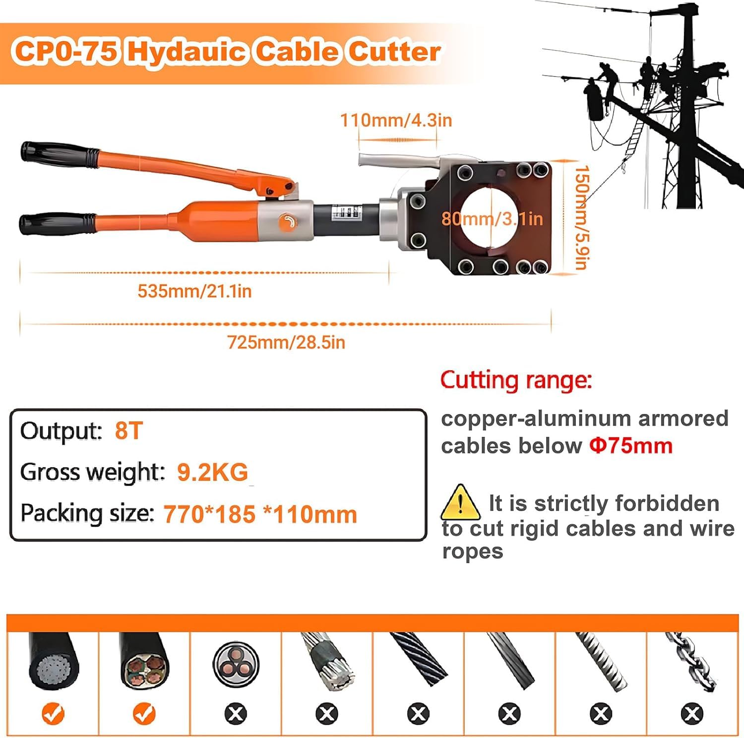 Cortador de cables hidráulico con válvula de seguridad para corte de cables blindados y Cu/Al de alta resistencia