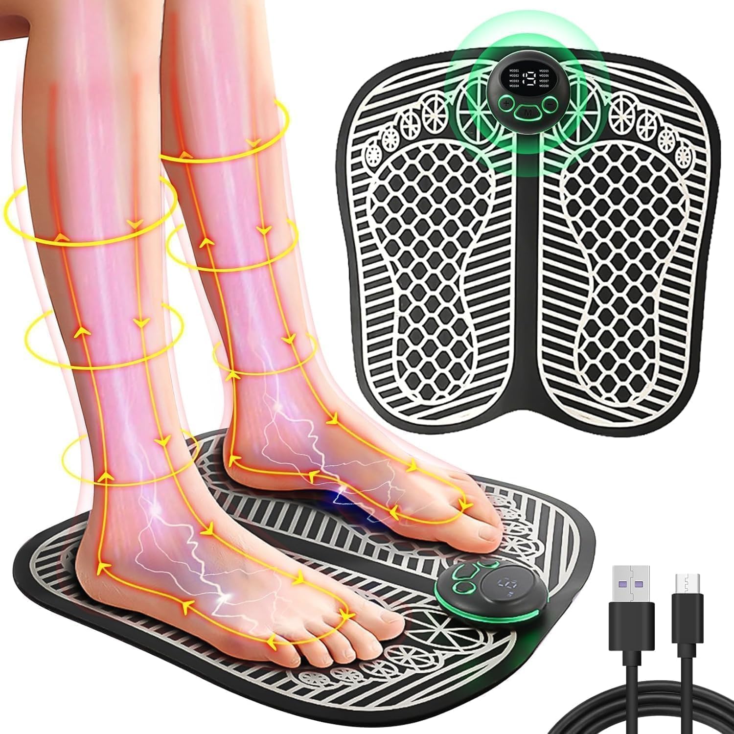 Electronic Feet Massagers for Pain and Circulation,EMS Foot Massager Electric Massage Mat Folding Muscle Stimulatior Massage Mat,8 Modes 19 Intensities,USB Rechargeable