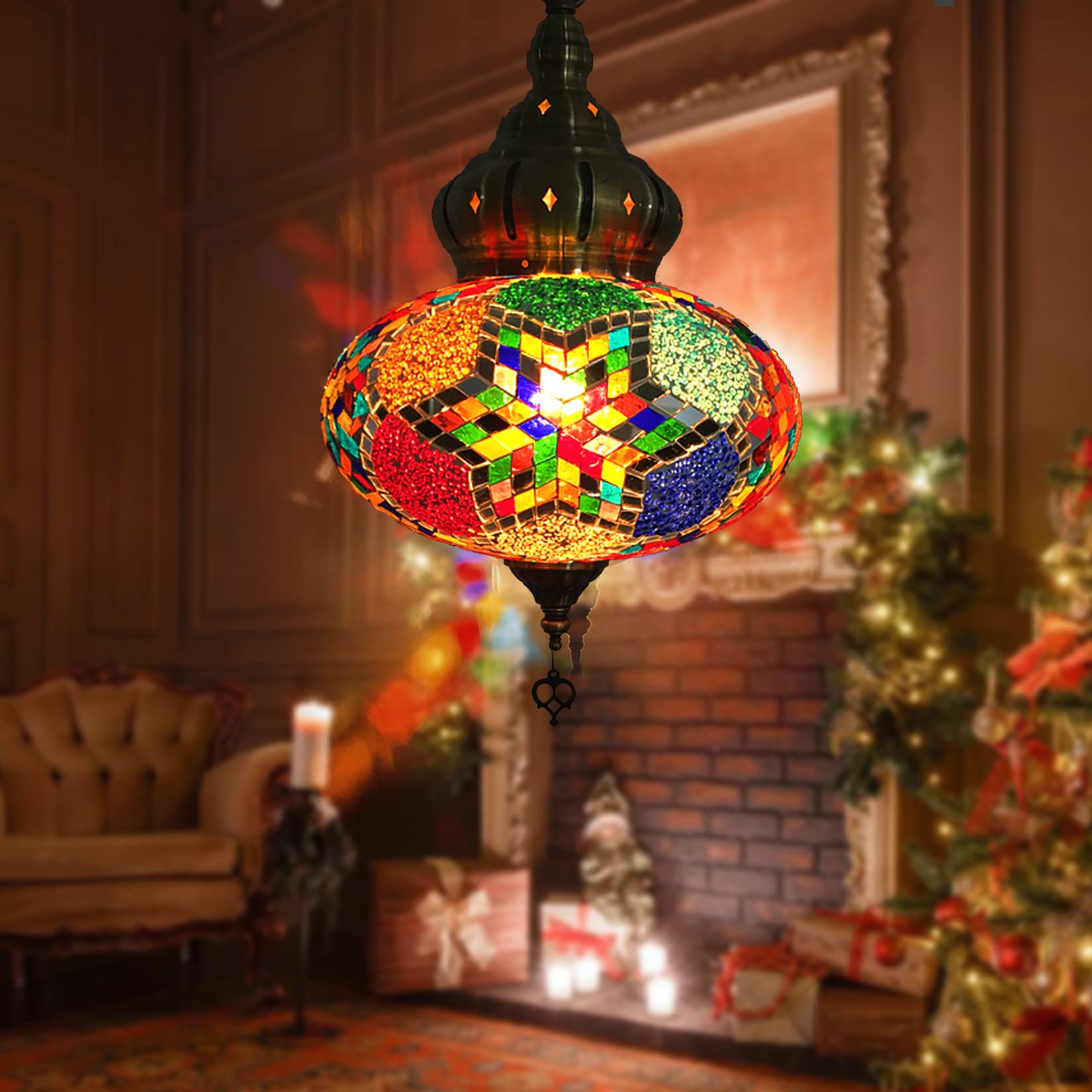 Botowi Color A (12 Colors) Hanging Ceiling Mosaic Lamp Light Chandelier, Turkish Moroccan Pendant Lights, Multicolor Decorative Colorful Glass Globe Fixtures Living Room Bedroom Home Decor,