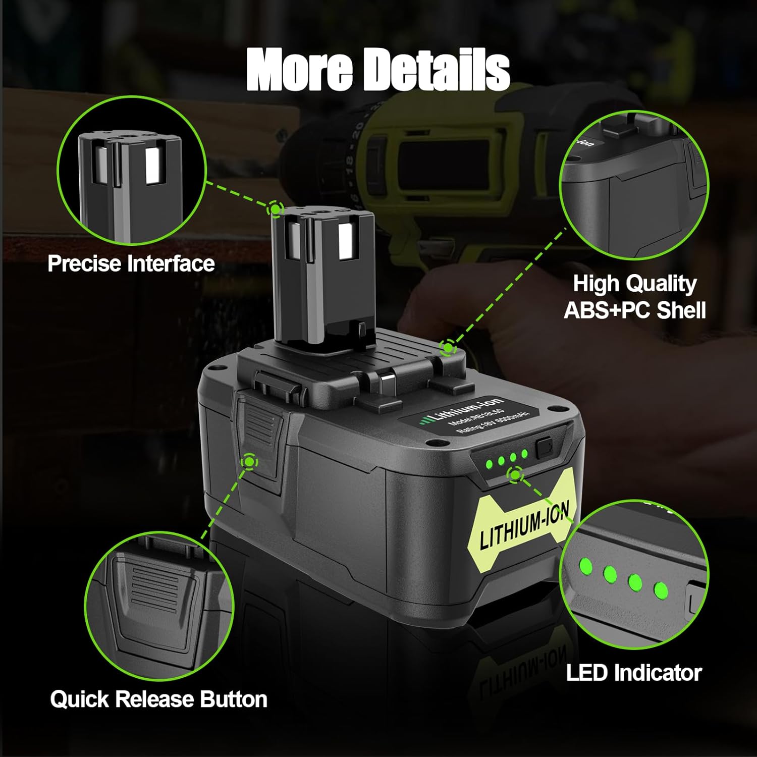 KUNLUN 6.0Ah 18V Lithium Battery Compatible for Ryobi 18 Volt ONE+ P102 P103 P104 P105 P107 P108 P109 P122 Cordless Tools 2-Pack - Image 3