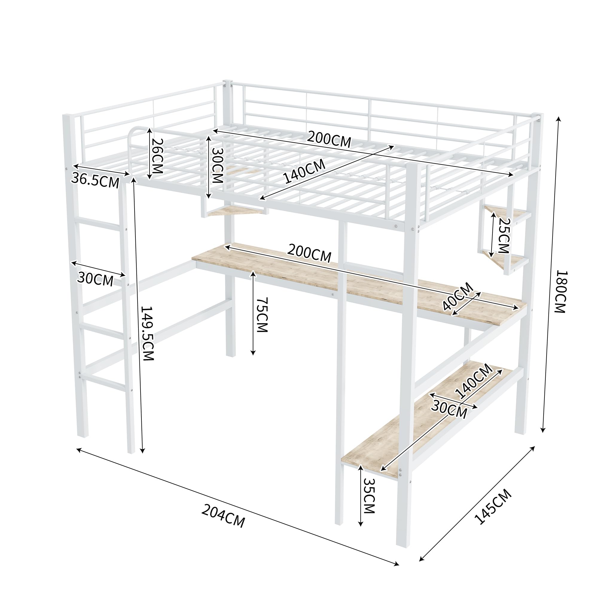 Lcoho Bedframe van metaal, ijzeren bed met bureau, hoogslaper met vier kleine planken en een groot boekenrek voor kinderen, jongeren en volwassenen (zwart, 140 x 200 cm