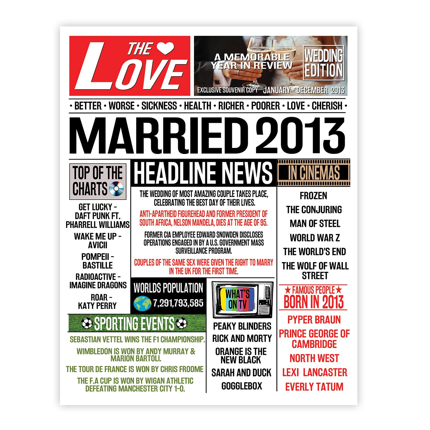 Stuff4 Men's 2013 13Th Anniversary Poster Unframed - Married In Newspaper - Happy 13Th Wedding Anniversary For Wo Vintage Retro Back In 8X10 Inch Anniversaries Posters