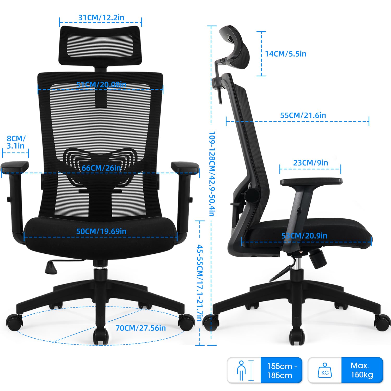 Daccormax Chaise Bureau Ergonomique, Fauteuil de Bureau Confortable à roulettes, Siège Inclinable Pivotant, Accoudoirs Réglables, Appui-Tête Ajustable 11cm, Support Lombaire Réglable, Noir