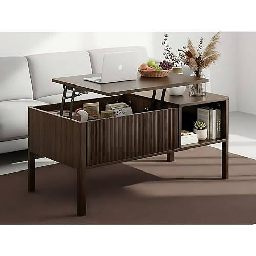 Fluted Lift Top Coffee Table with Hidden & Open Storage, Rectangle Modern Coffee Table for Living Room, Smooth Hydraulic Lift, Large Capacity, Safe Round Corners, Easy to Clean, Vertical Grain-Brown