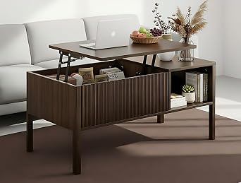Fluted Lift Top Coffee Table with Hidden & Open Storage, Rectangle Modern Coffee Table for Living Room, Smooth Hydraulic Lift, Large Capacity, Safe Round Corners, Easy to Clean, Vertical Grain-Brown