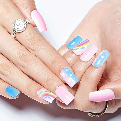 Miniatura 2 de GLAMERMAID Uñas postizas cuadradas cortas para el mes del orgullo, uñas adhesivas rosadas y azules con diseño de cielo arcoíris, uñas postizas