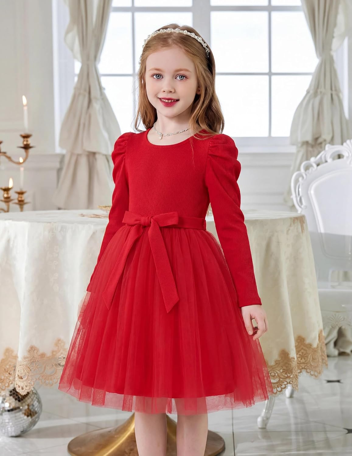 Arshiner Toddler Girls Tutu Dress Gigot Long Sleeves Fall Winter Belted Princess Party Tulle Dresses 3-8Y