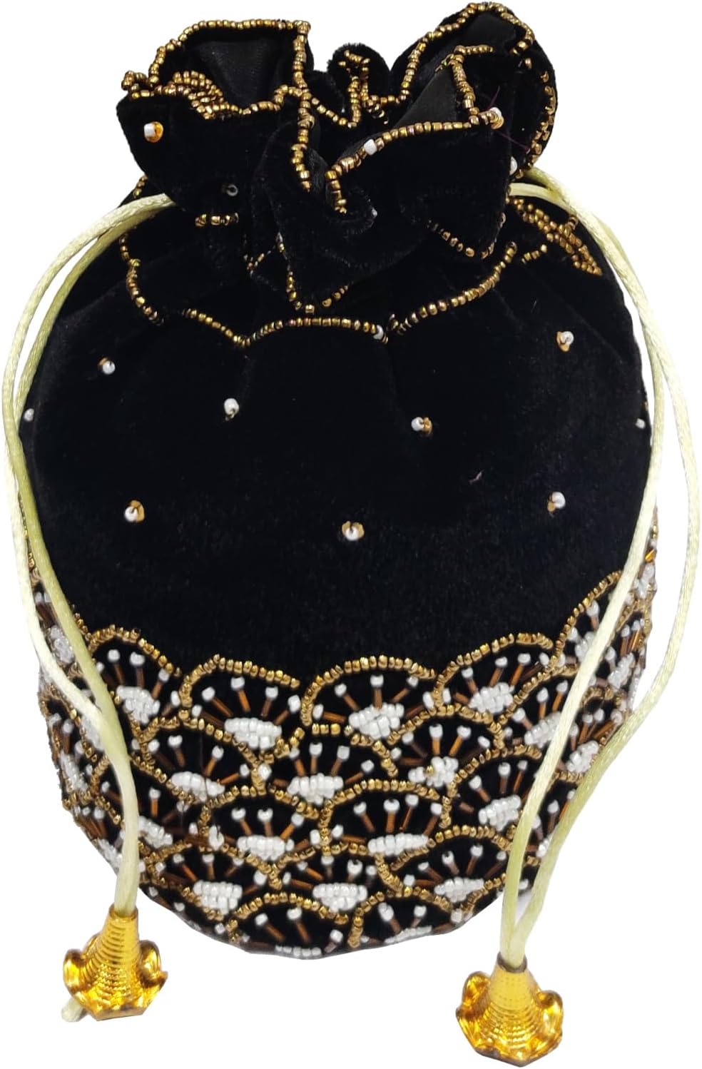Purpledip Chenille Potli Bag (Clutch, Drawstring Purse): Intricate Bead Work Satchel Handbag, Black (12604A)