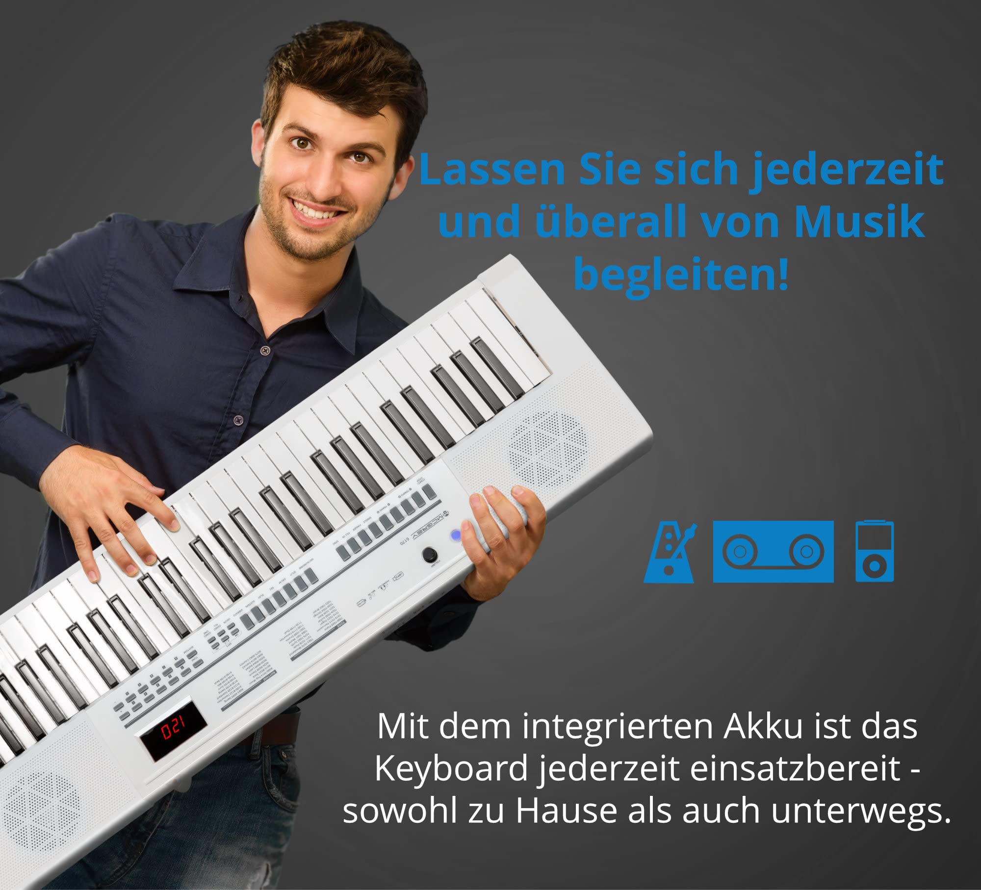 McGrey 6170 Akku-Keyboard Weiß Safety Fix Set, LC-Display, 200 Sounds | Einsteiger-Keyboard mit 61 Tasten in Standard-Größe, Integrierter Li Ion-Akku mit 1200 mAh, 200 Rhythmen, 70 Demo Songs, 5 cm