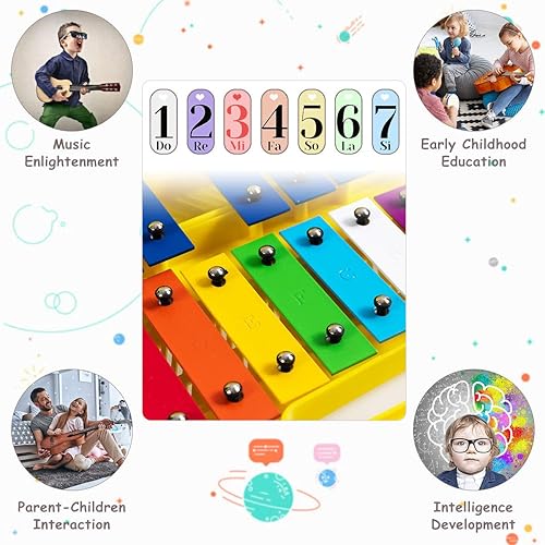 Miniatura 5 de Costzon Xilófono de 25 notas con funda, juguete musical colorido con teclas de metal afinadas transparentes, 2 mazos seguros para niños, instrumento