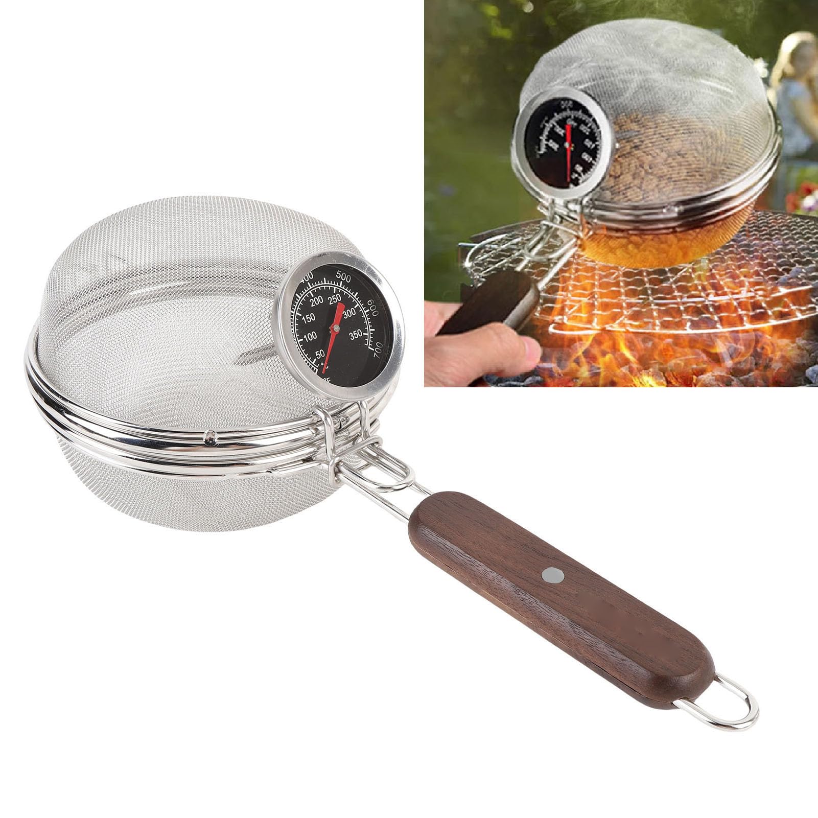 Manueller Kaffeebohnenröster mit Thermometer, Pfannenröstgerät aus Edelstahlgeflecht mit Holzgriff für den Heimgebrauch Im Freien auf Dem Gasherd Beim Camping