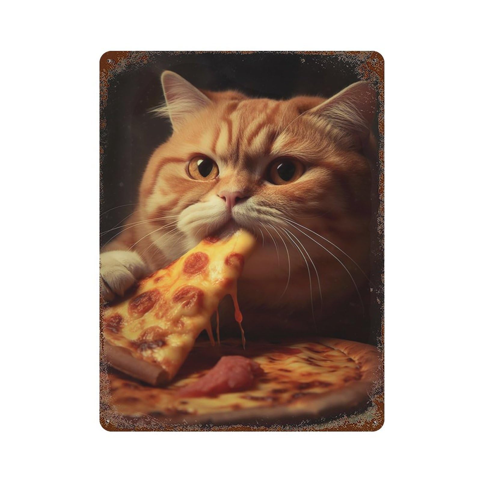 Ginger Cat Eating Pizza Retro Metal Sign 15.7"x11.8", for Pub, Kitchen And Man Cave Decor, Retro Wall Decor