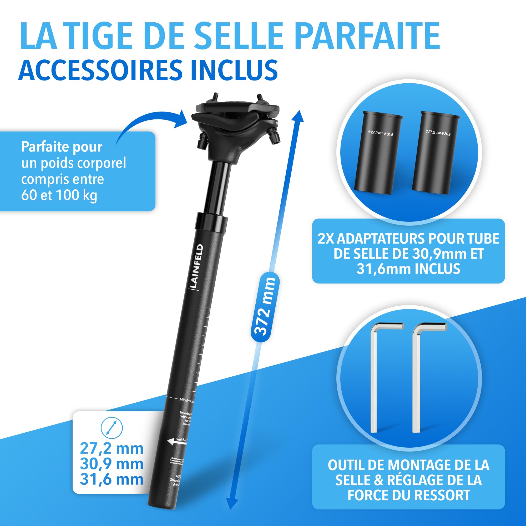 Tige de Selle Suspendue LAINFELD | Outils Inclus | 27,2 mm, 30,9 mm ou 31,6 mm | Tige de Selle Suspendue réglable VTT vélo électrique Femme Homme