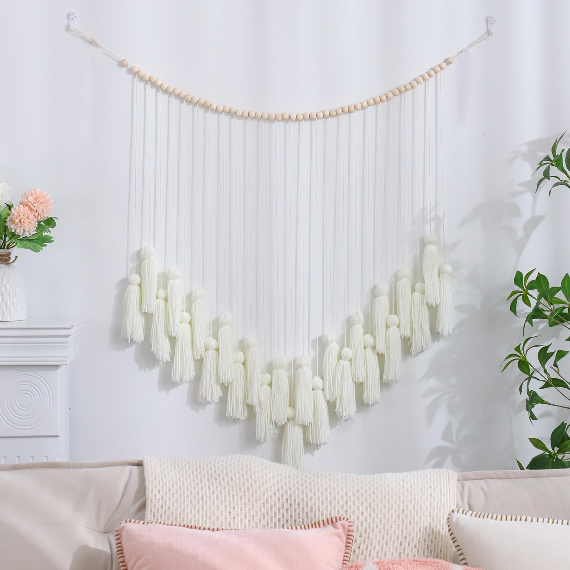 Perseverance Trade White Boho Macrame Wall Hanging Handmade Tassels Garland Wall Hanging with Wooden Beads for Bedroom Nursery Birthday Gift Party