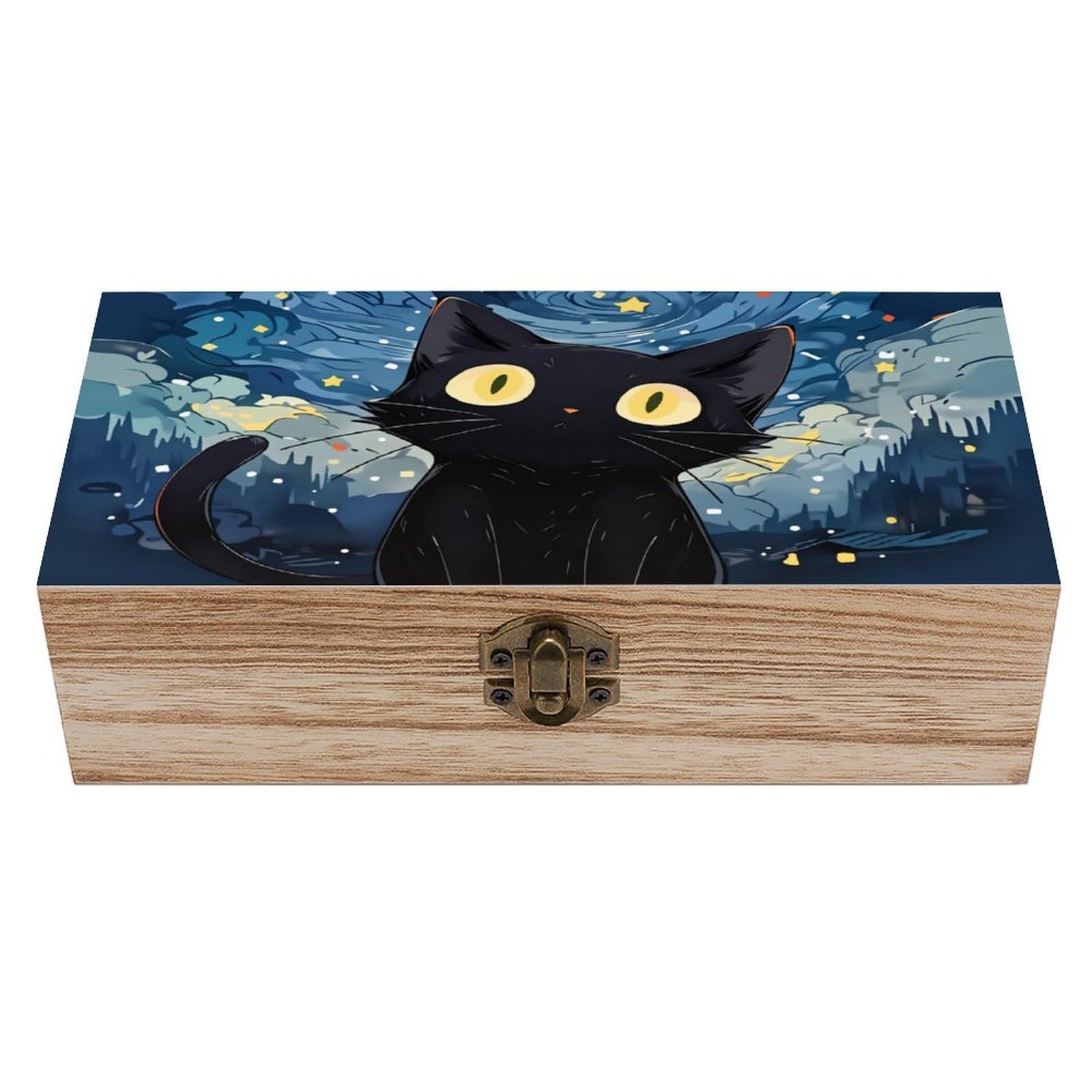 asbwuo Cat Under The Night Sky Vintage Wooden Keepsake Box