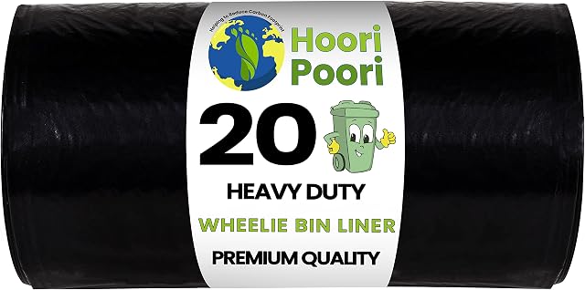 HooriPoori 20 super strong Heavy Duty Wheelie Bin Liners 240 Litre Large Wheelie Bin Bags Black Refuse Sacks For Home, Garden Kitchen House Office Caterers Rubbish 100% Waste Recycled Material