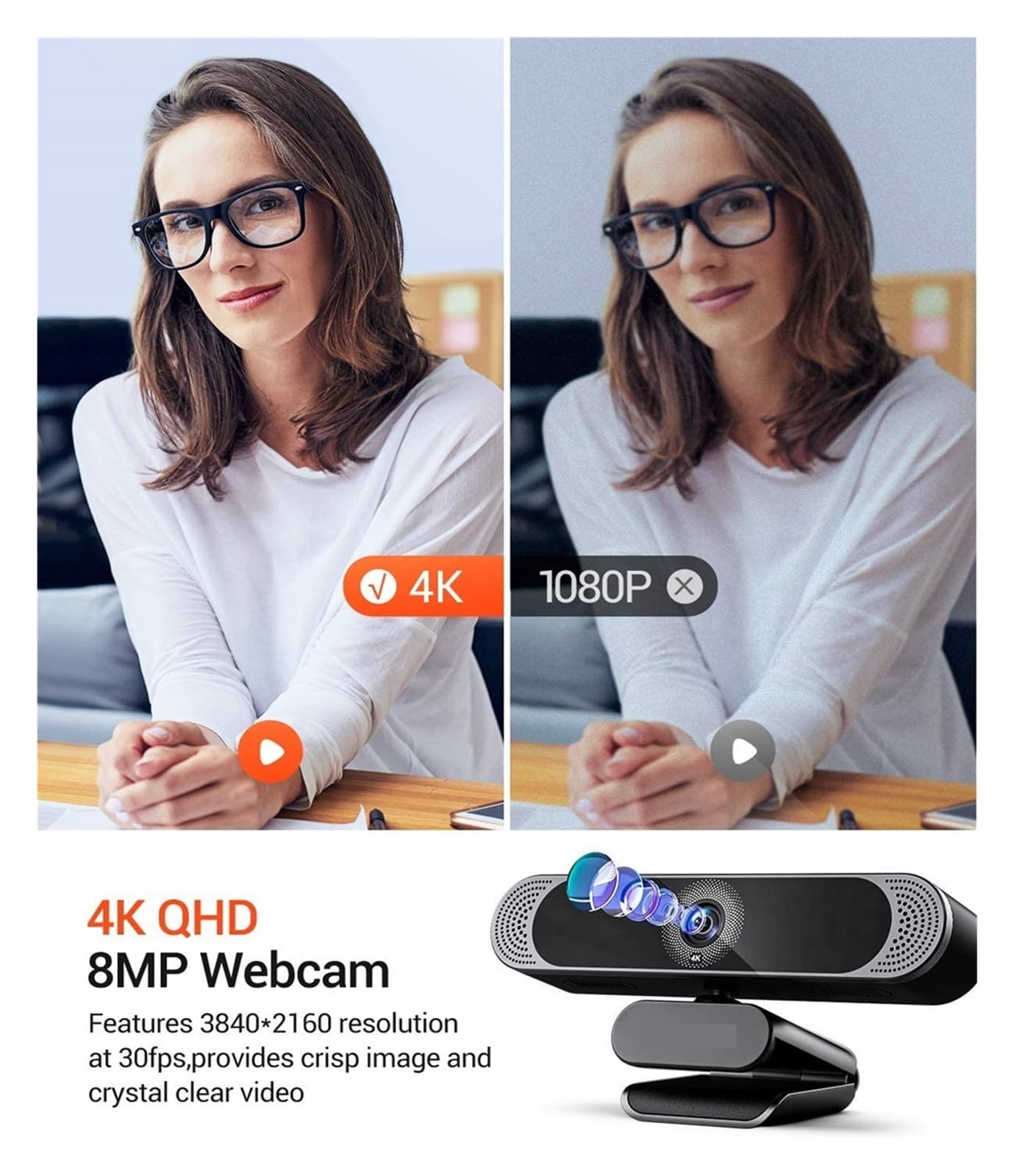 4K 1080P FHD Webcam USB Auto Focus Web Camera PC Computer WebCamera for trasmissione in diretta Videochiamate Lavoro in conferenza(4K)