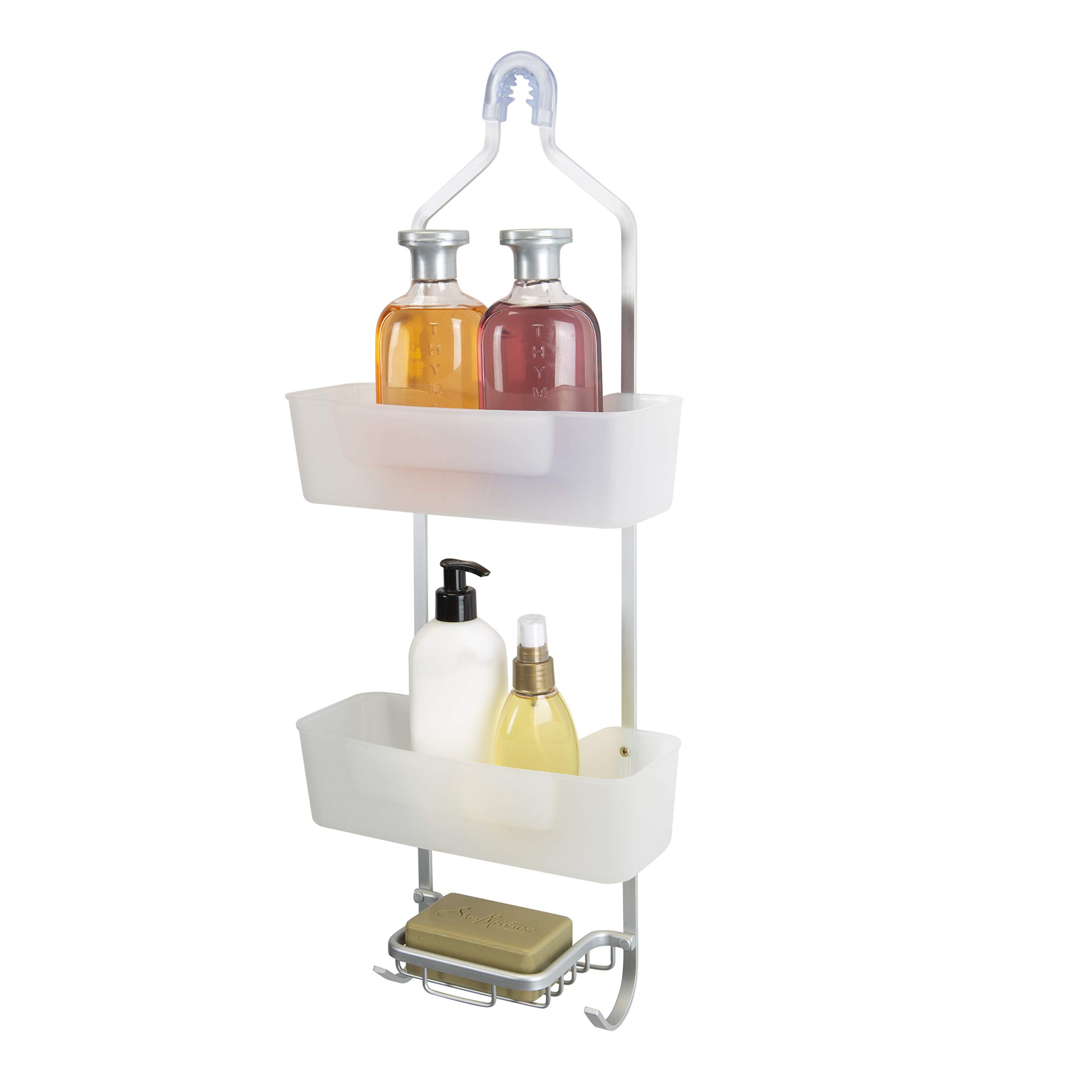 Bath Bliss 2 Tier Aluminum Hanging Caddy, Head, with Loofah Hooks, Soap Dish, Holds Large & Small Bottles, Shower Organization, Toiletries, in White