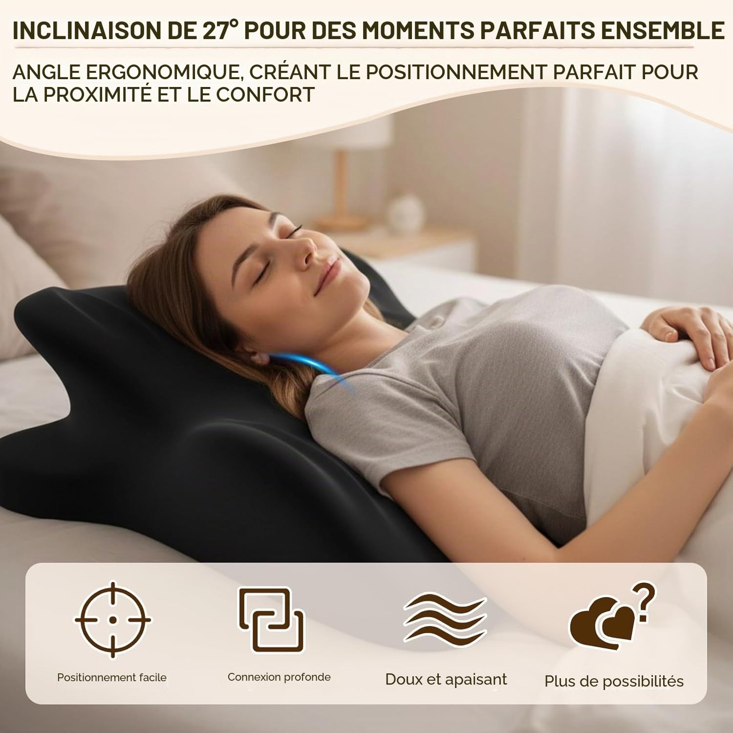 Oreiller en coin à 27 degrés pour couples, coussin de soutien ergonomique en mousse à mémoire de forme pour moments intimes, coussin multifonction pour yoga, lecture et repos avec housse amovible et