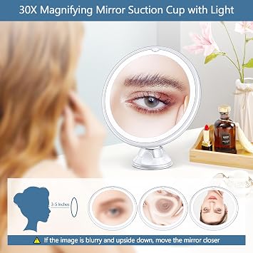 MIYADIVA Magnifying Mirror with Light 30X, 30X Shaving Mirror for Bathroom, 3 Colors Modes and Adjustable Brightness, 360°Rotating Suction Cup mirror for Wall-Mounted Mirrors, 8 Inches