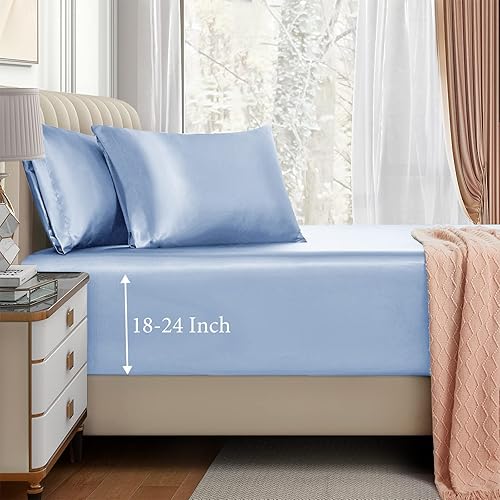 VACVELT Sábana bajera ajustable de satén con bolsillo extra profundo, tamaño matrimonial, color azul bebé, juego de ropa de cama sedosa y 2 fundas