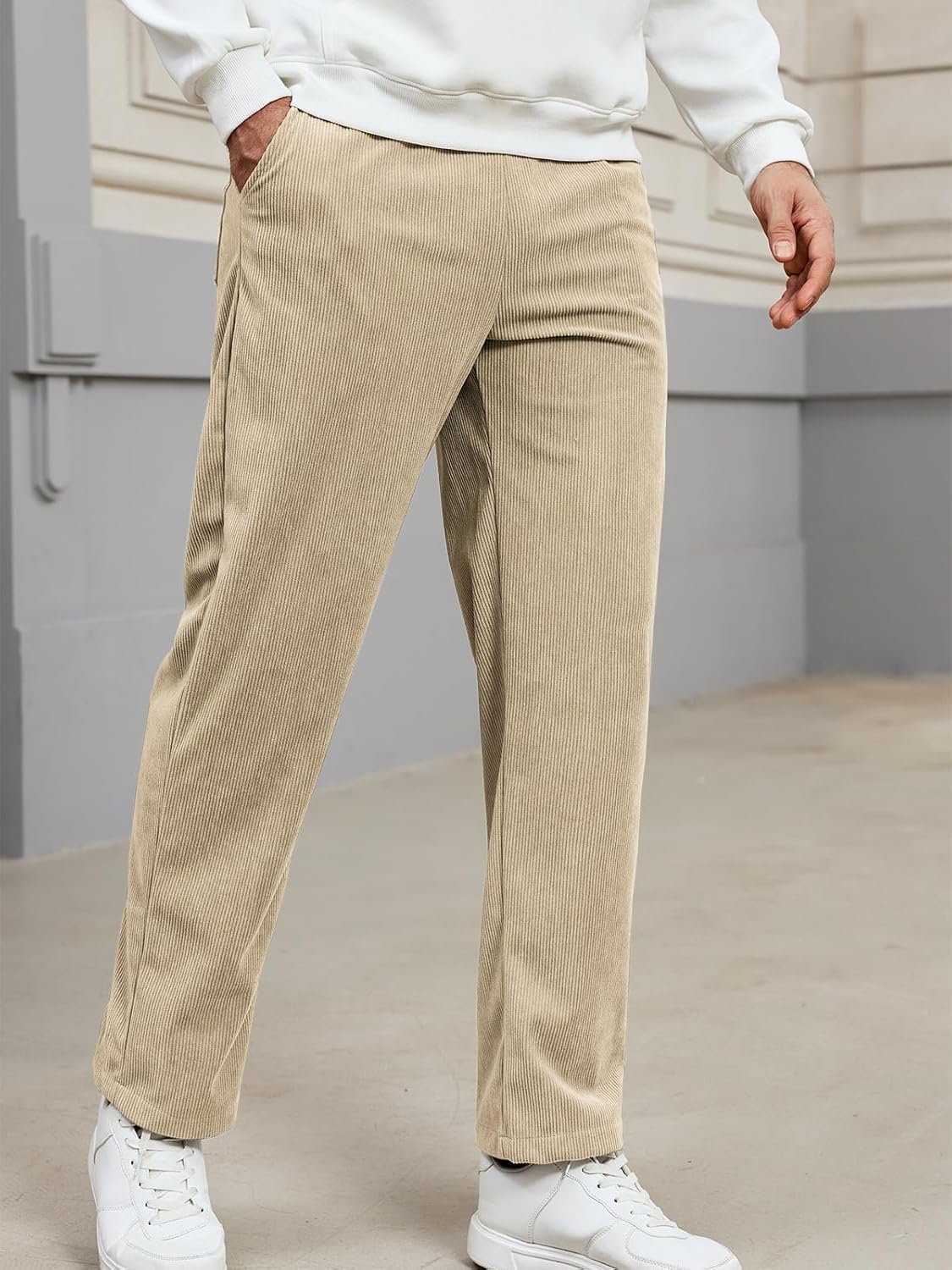 Suwangi Men’s Corduroy Casual Pants Drawstring Elastic Waist Stretch Sweatpants Straight Leg Trouser with Pockets Relaxed Fit - Image 2