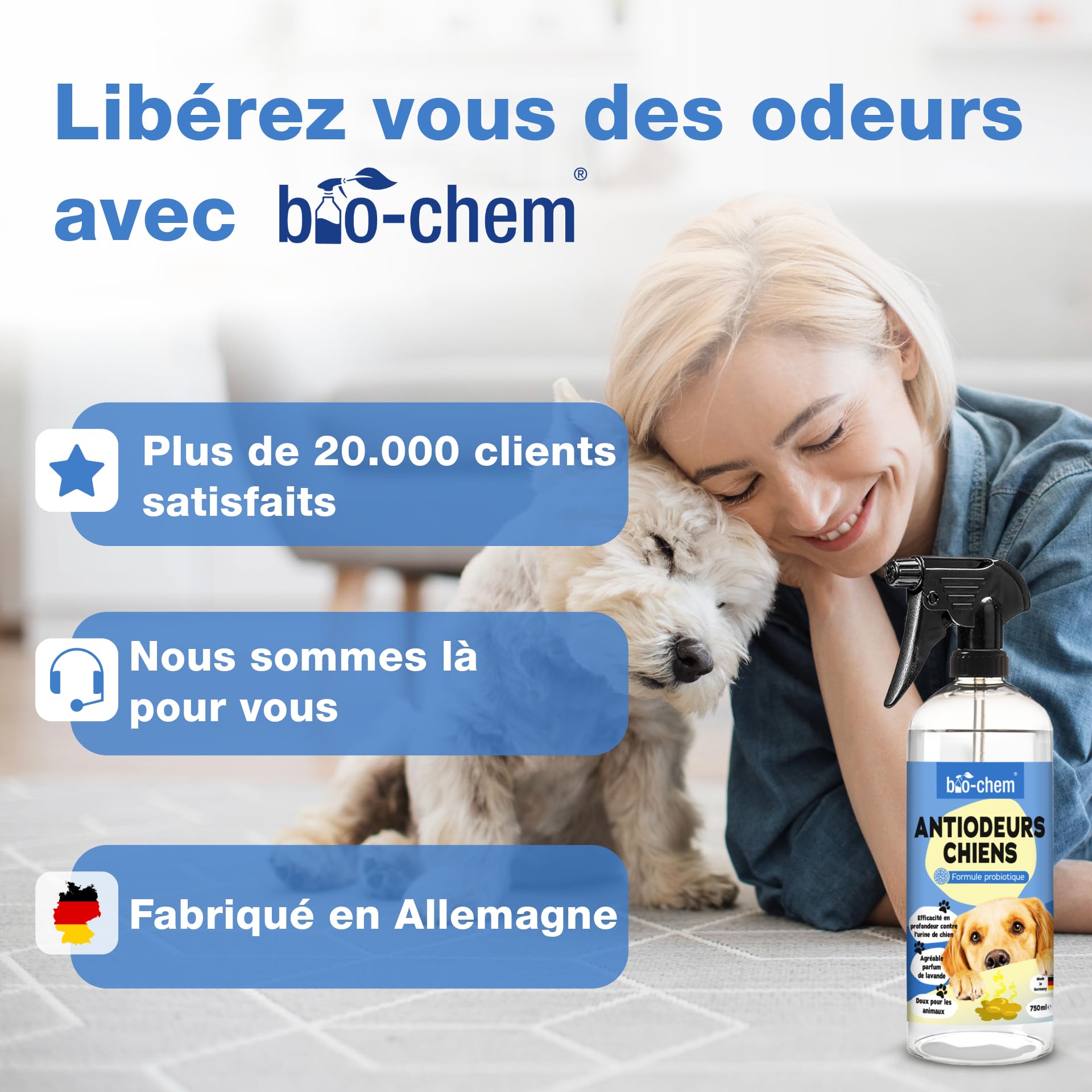 bio-chem Nettoyant anti odeur chiens 3 x 750 ml | Désodorisant destructeur d odeur urine chien- Nettoyage litiere pour chien - produit menager entretien maison