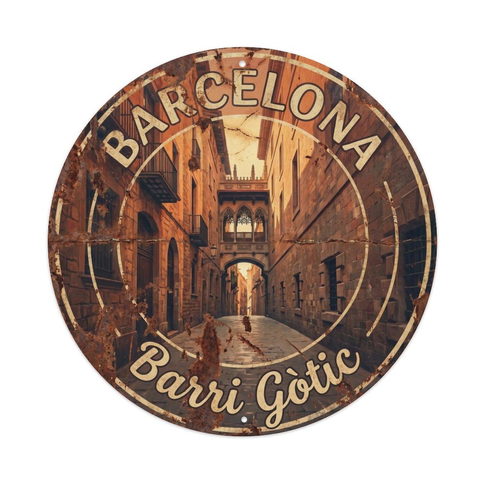 Vintage Travel Barcelona Gothic Quarter 1 Metal Tin Sign Plaque Wall Decor for Cafe, Club Bar, Office, Home Garden Round Metal Poster 8x8Inch