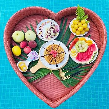 Floating Rattan Tray, Heart Shape Rattan Tray, Pool Float, Rattan Serving Tray, Outdoor Pool Floating Breakfast Tray for Pool Beach Party,Red