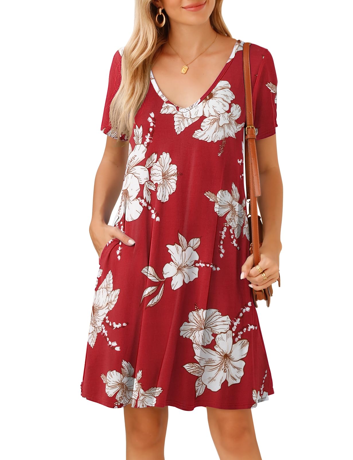 JollieLovin Women T Shirt Plus Size Summer Swing Dresses Short Sleeve V Neck Loose Casual Dress(L-5X)