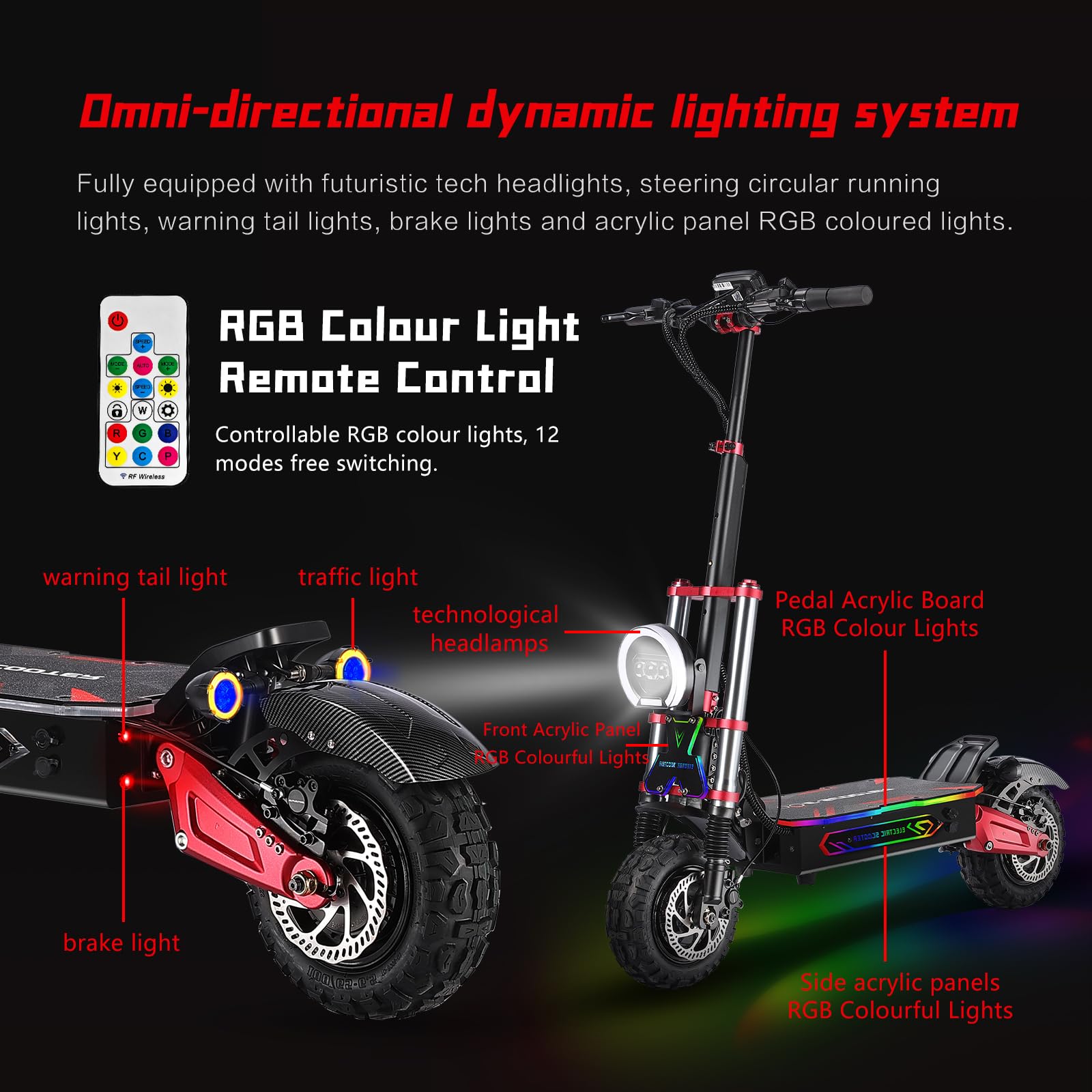 HWWH Scooter Elettrico Adulto Monopattino Elettrici Potente da Sterrato Veloce Manopola dell'acceleratore Doppio Motore Fuoristrada Pneumatici per Tutti i Terreni da 11in litio Batteria 60V 40Ah