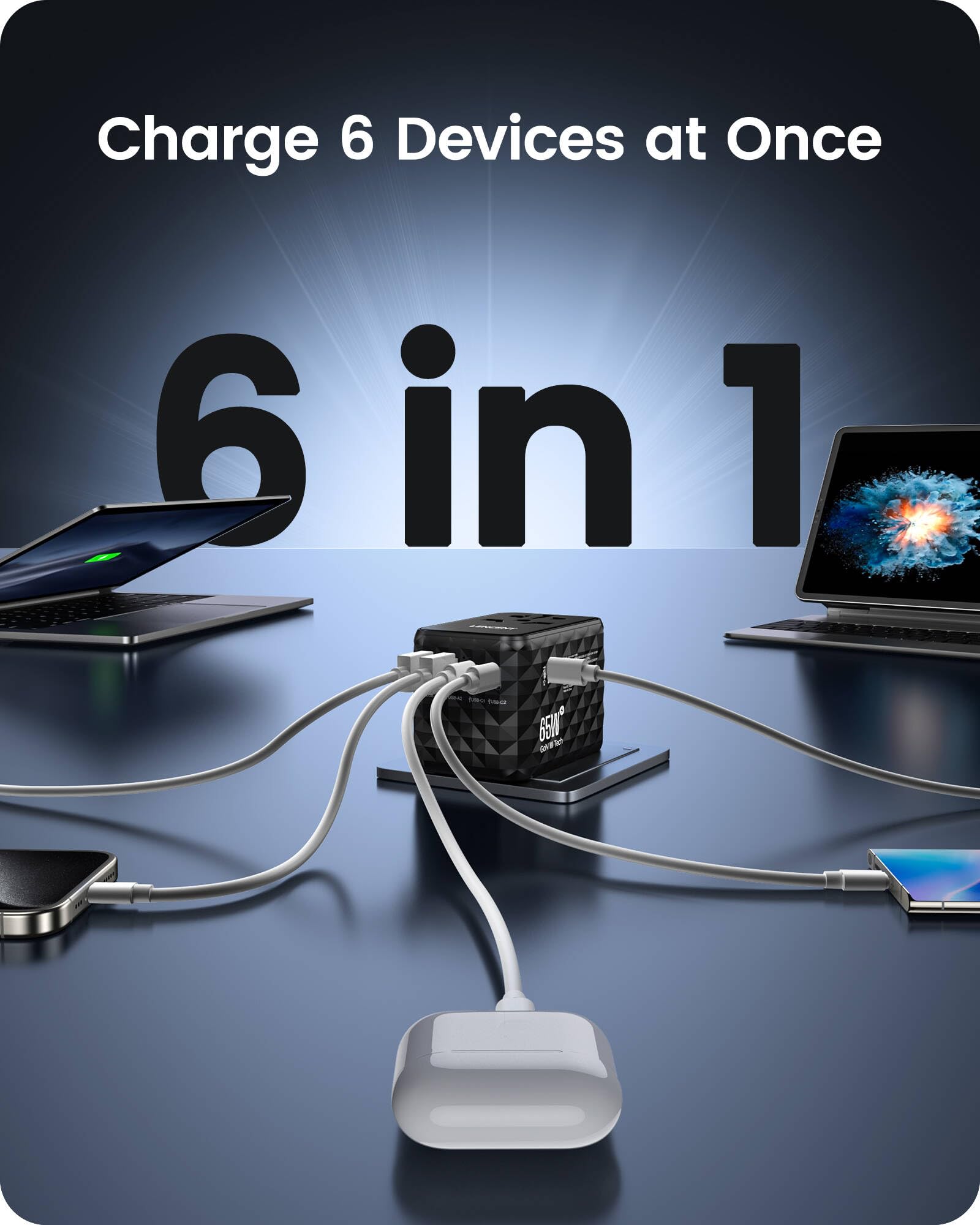LENCENT Adaptador de Viaje Internacional 65W, Adaptador Universal con 2 USB-A y 3 USB-C, Adaptador Enchufe Carga Rápida para Phone, Teléfono, Ordenadores Portátiles, para EE.UU./UK/EU/AUS, Negro