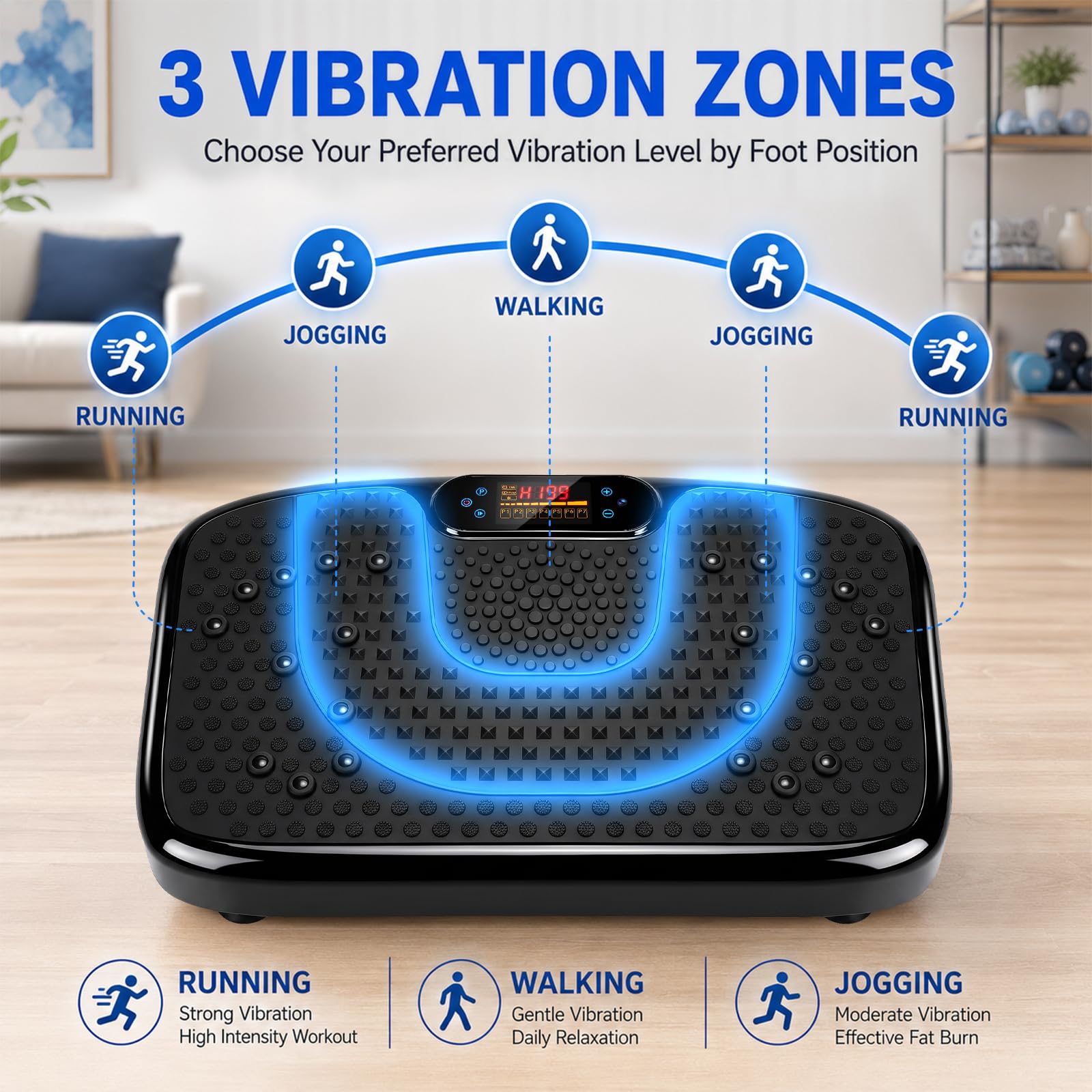 Płyta wibracyjna z 199 poziomami prędkości, 7 trybów automatycznych | Głośniki Bluetooth i taśmy oporowe, trenażer wibracyjny całego ciała do fitnessu, relaksu mięśni i treningu domowego