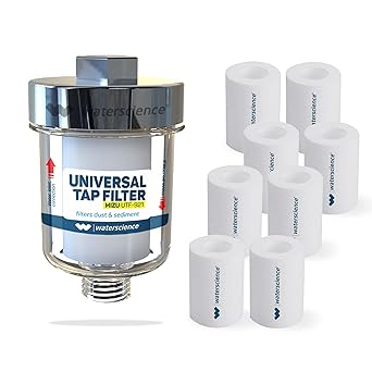 WaterScience MIZU Combo Universal Tap Filter + 8 Replacement Cartridge for Dust, Sand & Sediments - Fits 22-24mm Taps - Ideal for Kitchen, Wash Basin & Bathroom Taps (Tap Not Included)