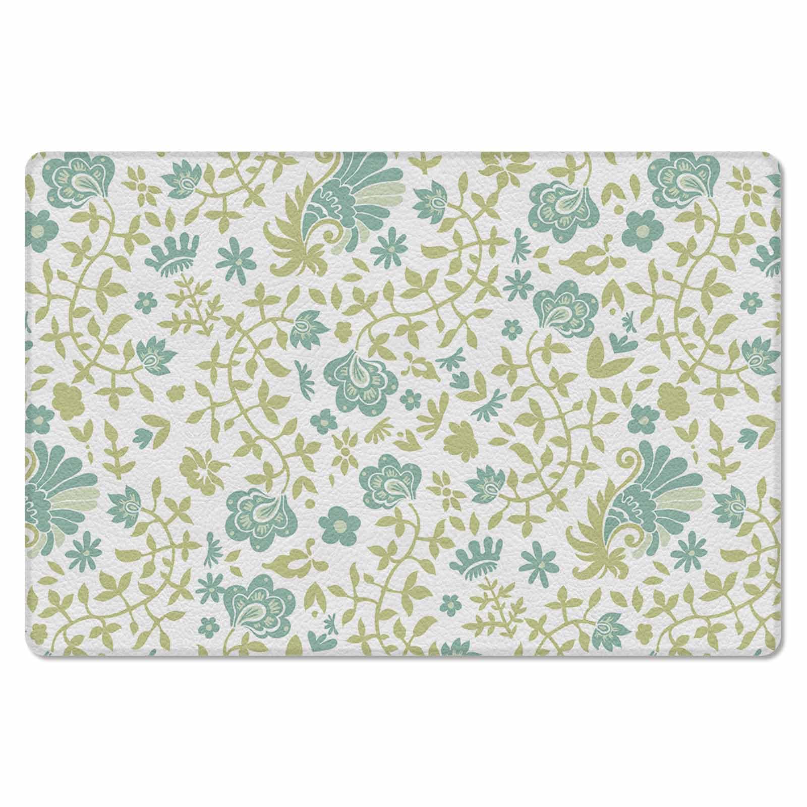 Green Leaves Floral Antifatigue Kitchen Bath Door Mat Cushioned Runner Rug,Washable Welcome Floor Sink Mat,Waterproof & Non-Slip Kitchen Standing Doormat,Contemporary Boho Pastel Plant Herb 24