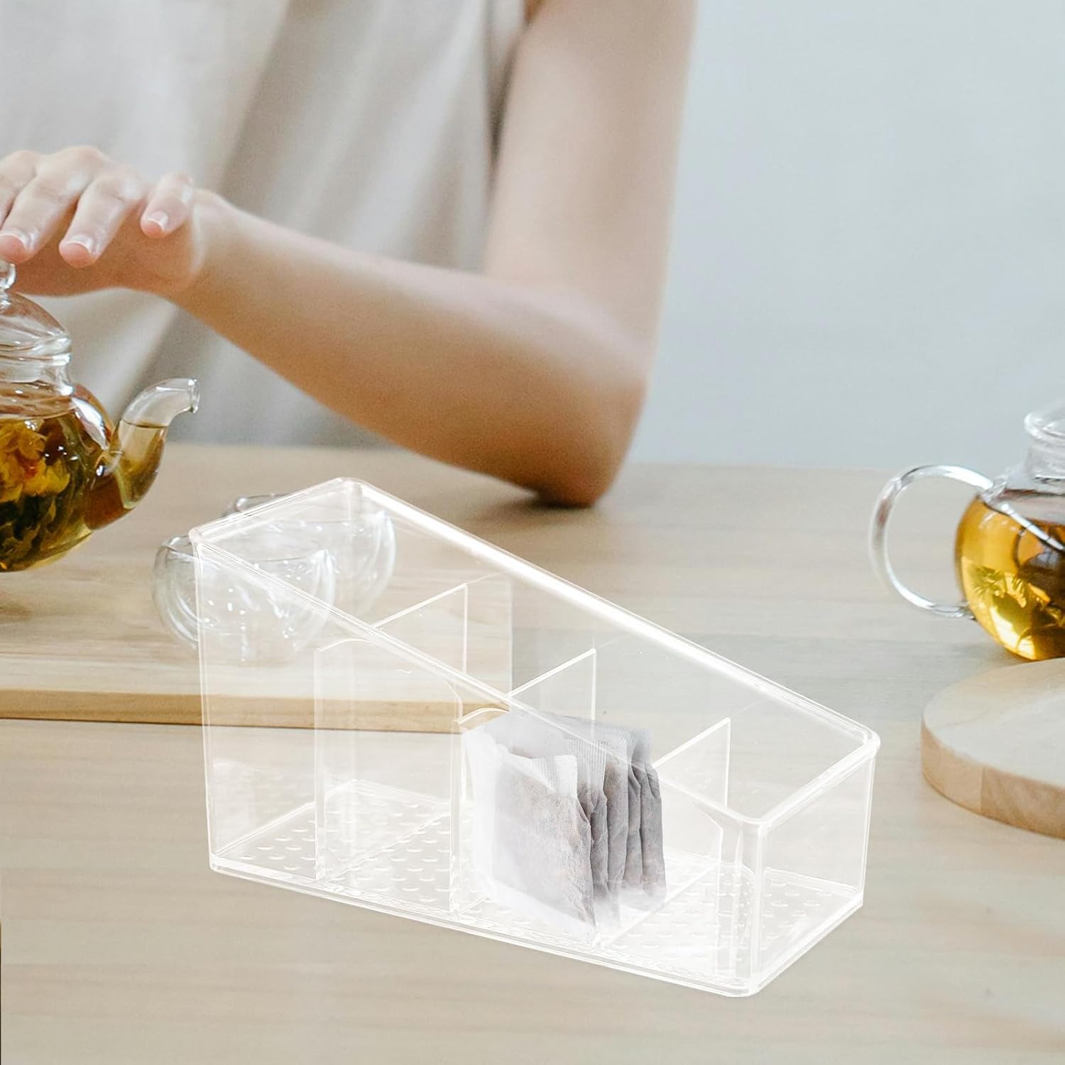Luxshiny 4-Compartment Tea Bag Organizer, Clear Tea Bag Holder, Coffee Packet Storage Box for Home Cabinet and Countertop